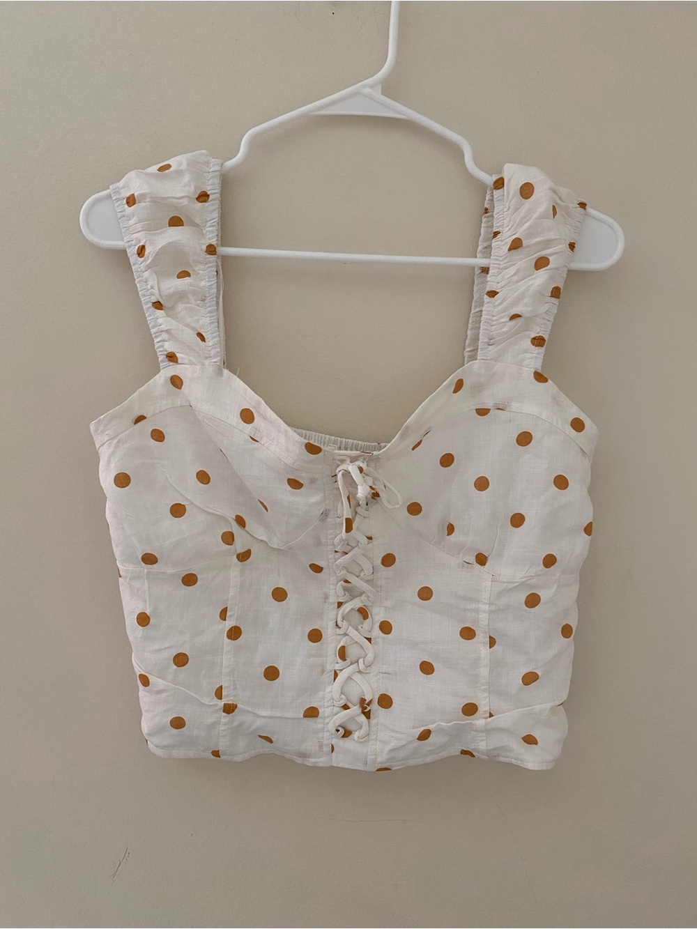 White linen blend corset style crop Top with gold  Polka Dots and Front Lace-Up